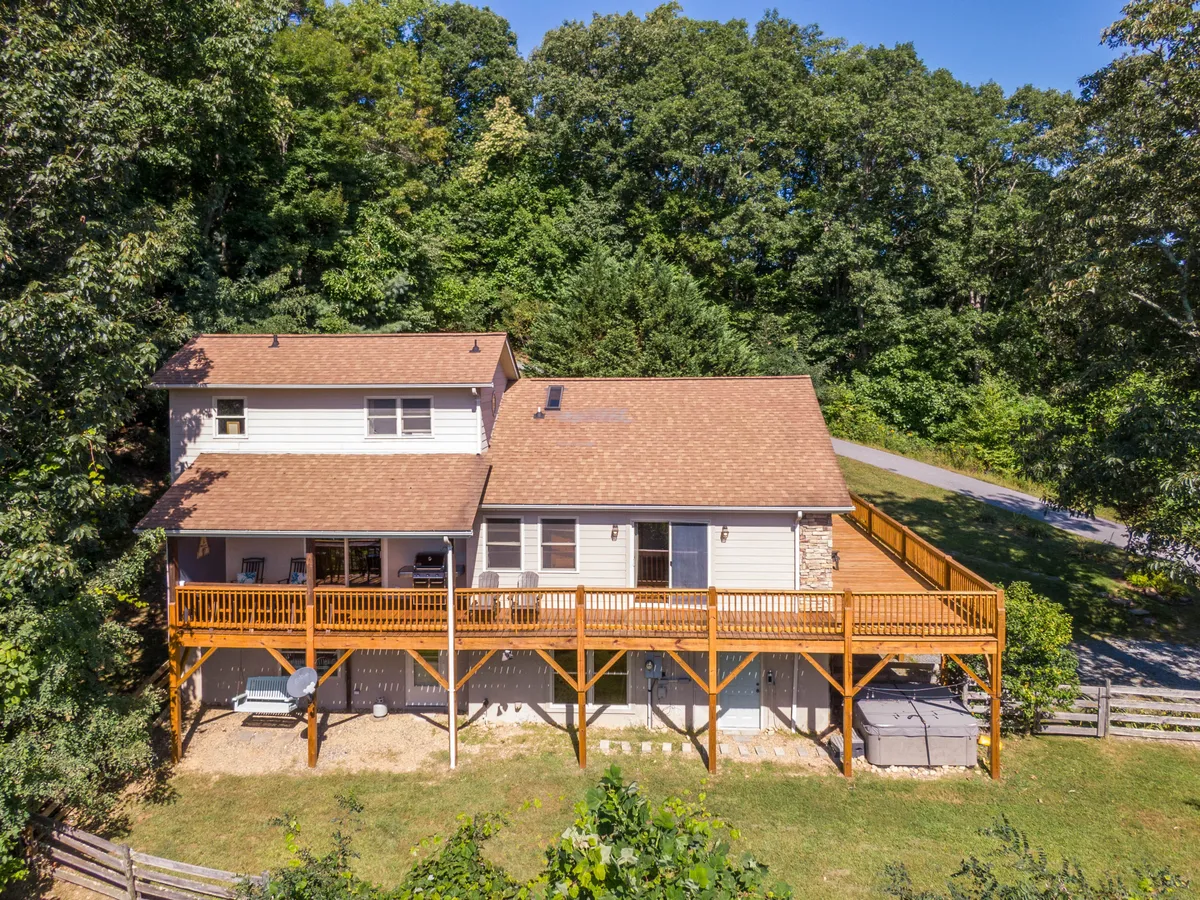 A serene view of the wooden deck and sloped roof surrounded by lush green trees, illustrating a peaceful and secluded outdoor area. The scene hints at stargazing, morning coffee, or simply taking in nature's sights and sounds.